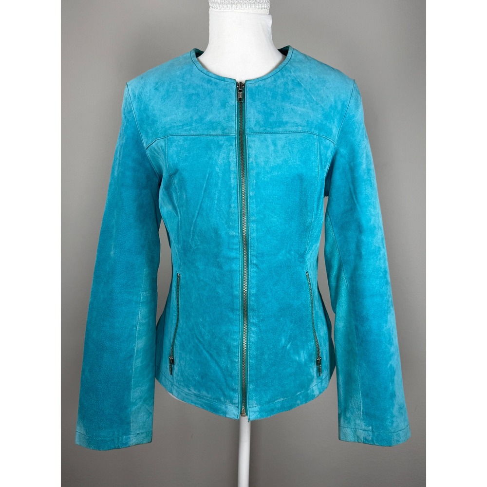 Vintage Y2K 90's Suede Leather Jacket Women S Turquoise Blue Full Zip Moto Biker
